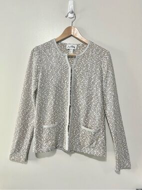 Joseph Ribkoff Knit Jacket Size 4 Silver Gold Textured Sequin Preppy Chic Jacket
